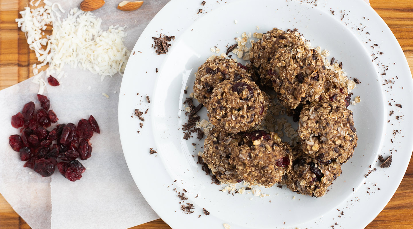 Energy bites made with cranberries, coconut, oats, almonds