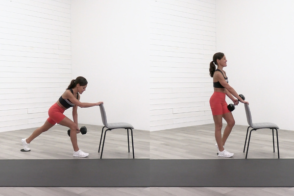 Woman strength training at home with sliders, dumbbells and a chair
