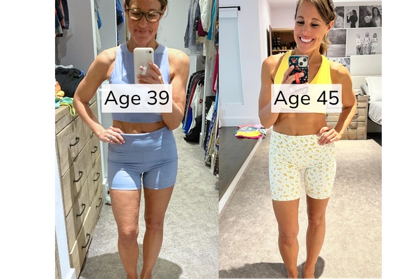woman age 39 before with inflammation in legs next to woman age 45 after photo with smooth skin and much less inflmammation