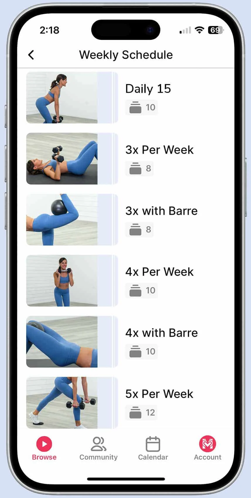Mobile phone screen displaying a fitness app with a weekly workout schedule including various exercise routines with dumbbells and barre, showing frequency options from daily to five times per week.